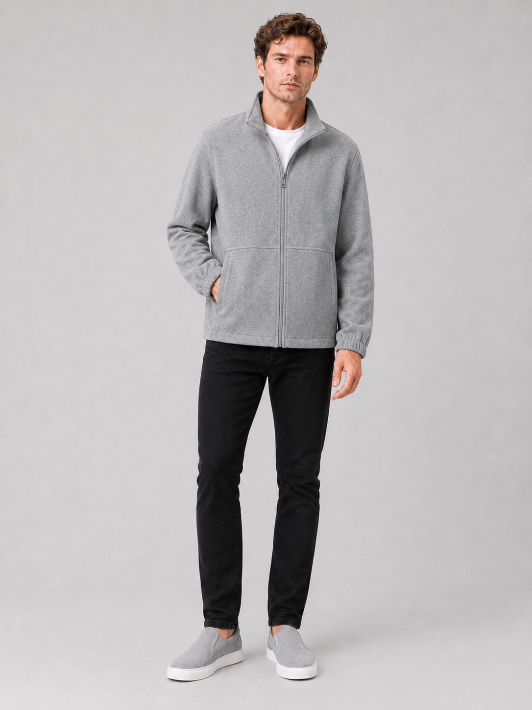 Gray stand collar jacket for men loose fit outerwear for travel and everyday wear