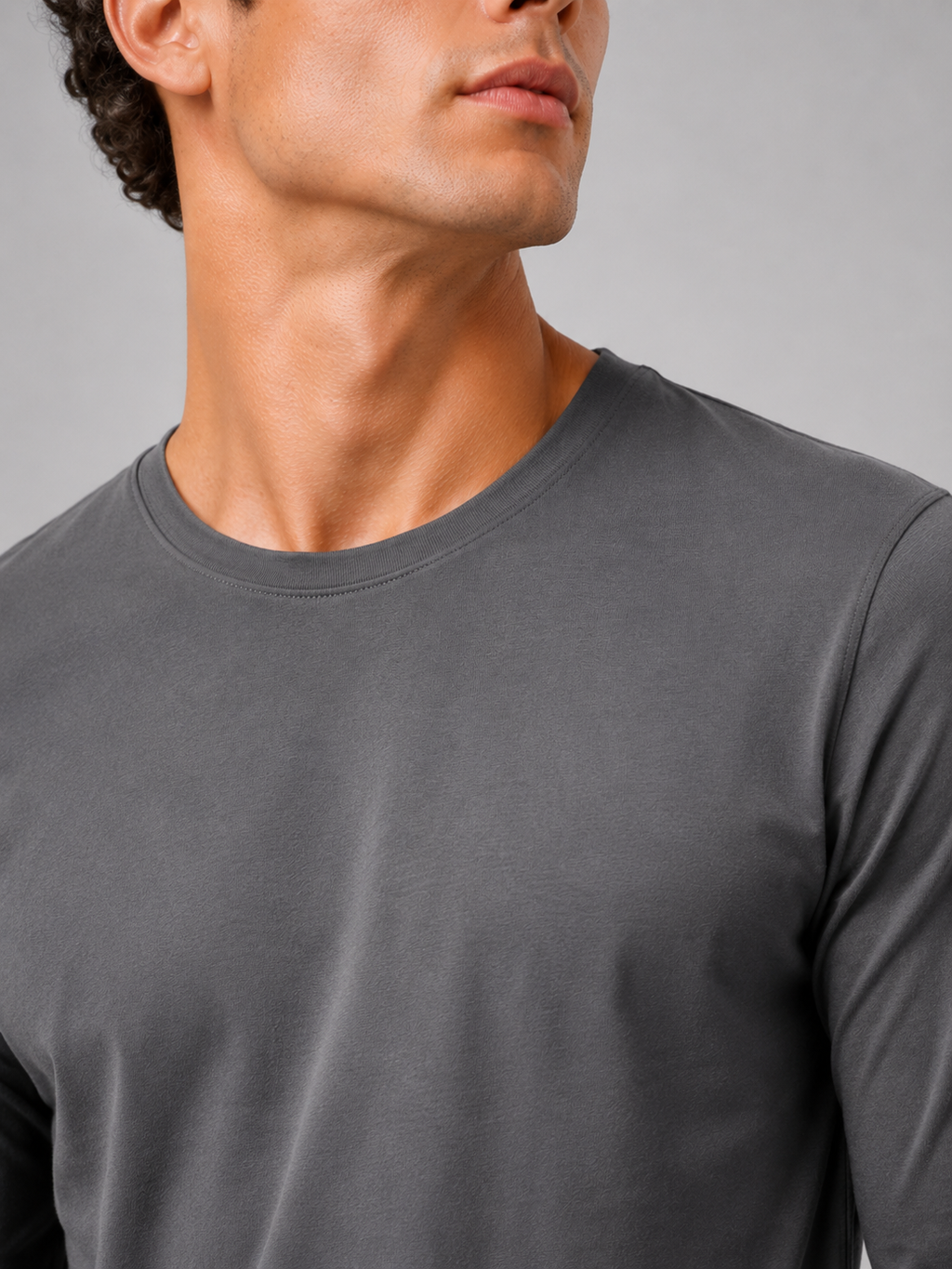 Close up of gray t shirt fabric showing soft smooth breathable texture
