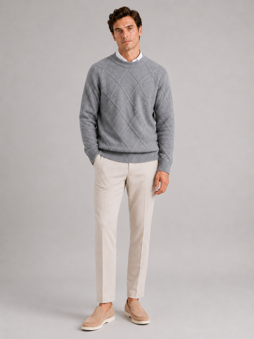 Gray crew neck cable knit sweater for men loose fit warm pullover for everyday winter wear