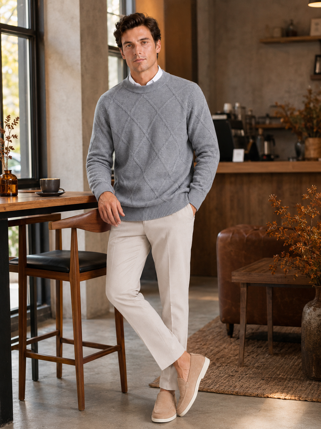 Man styling gray cable knit sweater in a relaxed cold weather lifestyle outfit