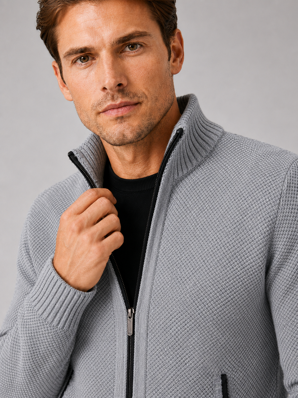 Close up of gray fleece cardigan showing soft knit texture, full zip front, and warm fleece lining detail