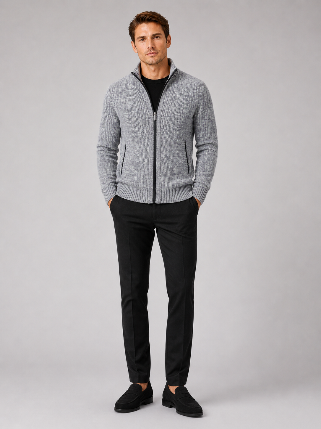 Gray fleece cardigan sweater for men full zip warm knit jacket for everyday wear