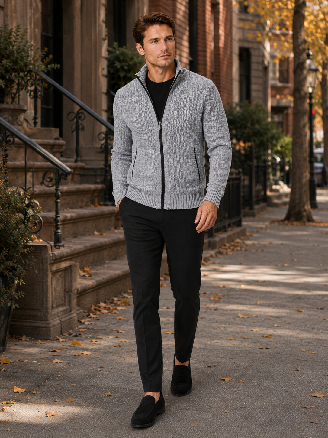 Man styling gray fleece cardigan sweater in a clean everyday winter lifestyle outfit