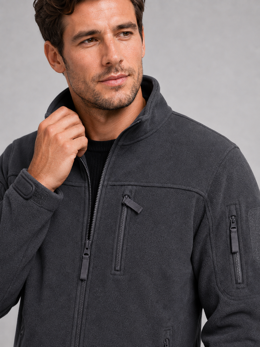 Close-up of a gray windproof fleece jacket showing the soft fleece texture, full zipper, zippered pockets, collar, cuffs, hem, and stitching details