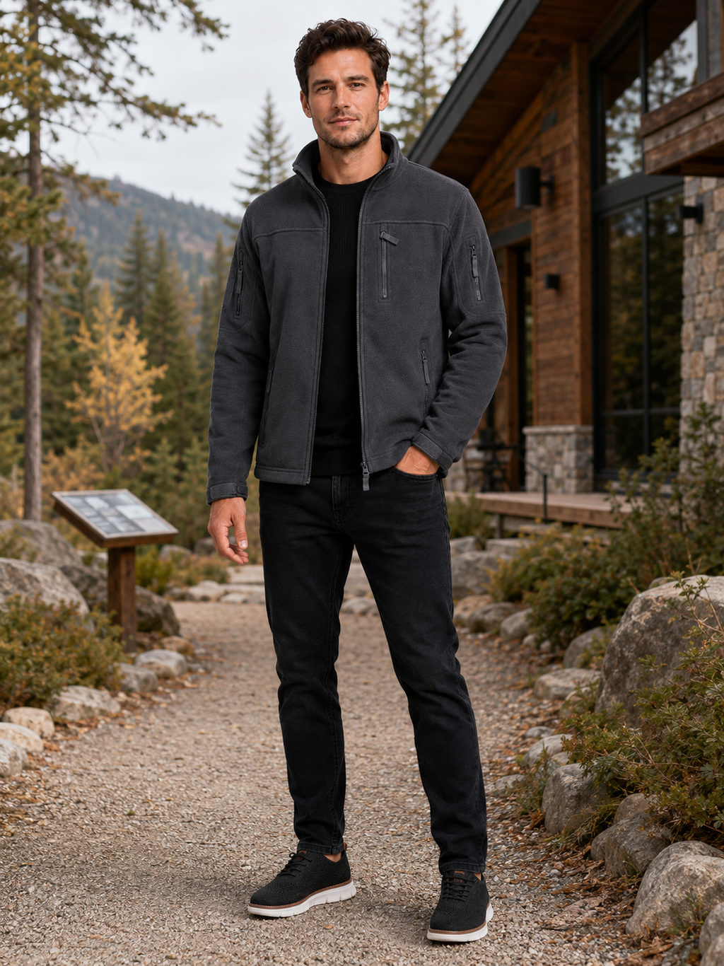 Man wearing a gray windproof fleece jacket for hiking, work, and outdoor activities in fall and winter