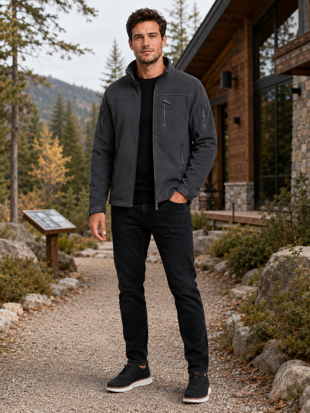 Man wearing a gray windproof fleece jacket for hiking, work, and outdoor activities in fall and winter