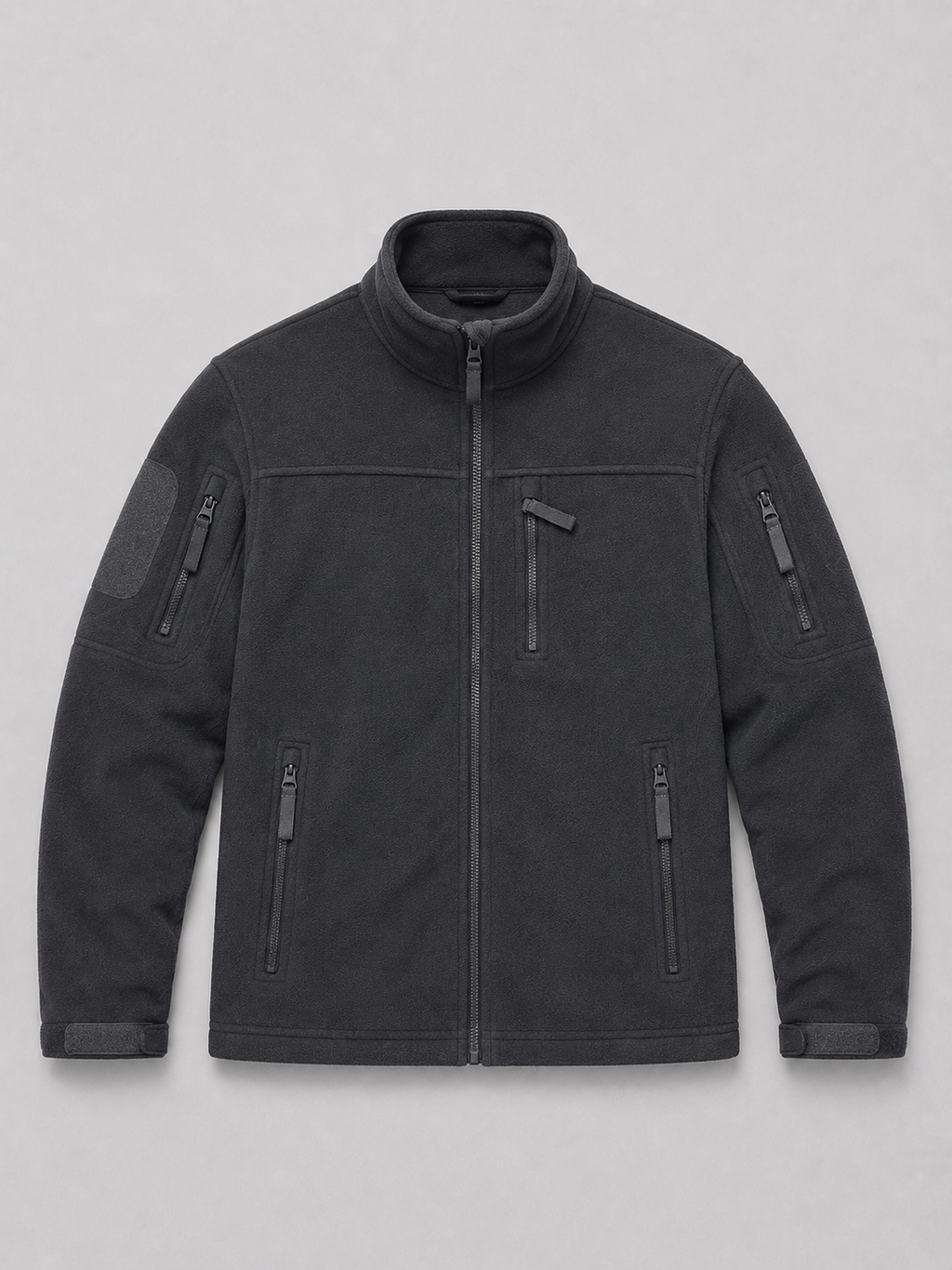 Gray men’s windproof full zip fleece jacket with zipper pockets displayed on a plain background