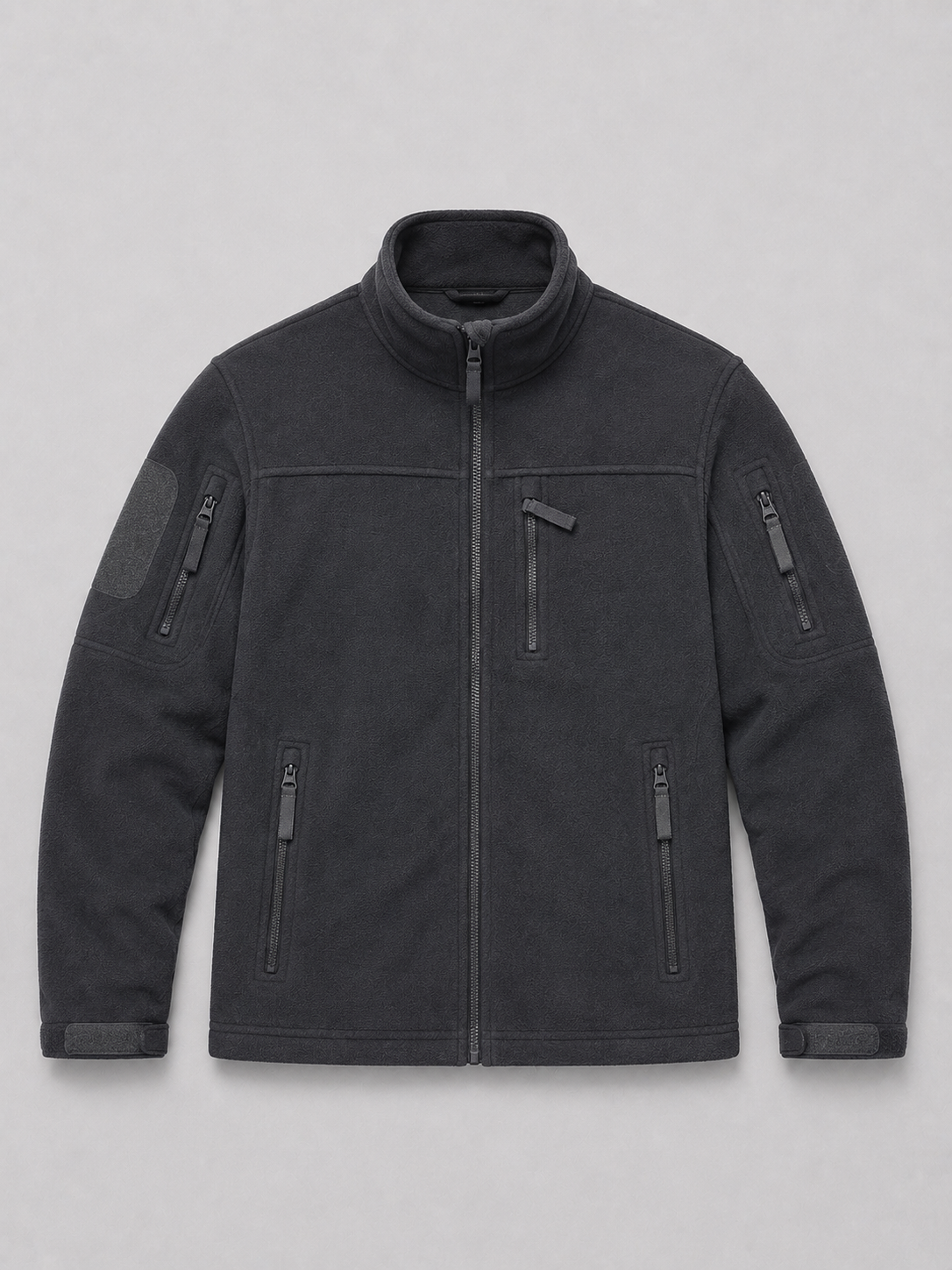 Gray men’s windproof full zip fleece jacket with zipper pockets displayed on a plain background
