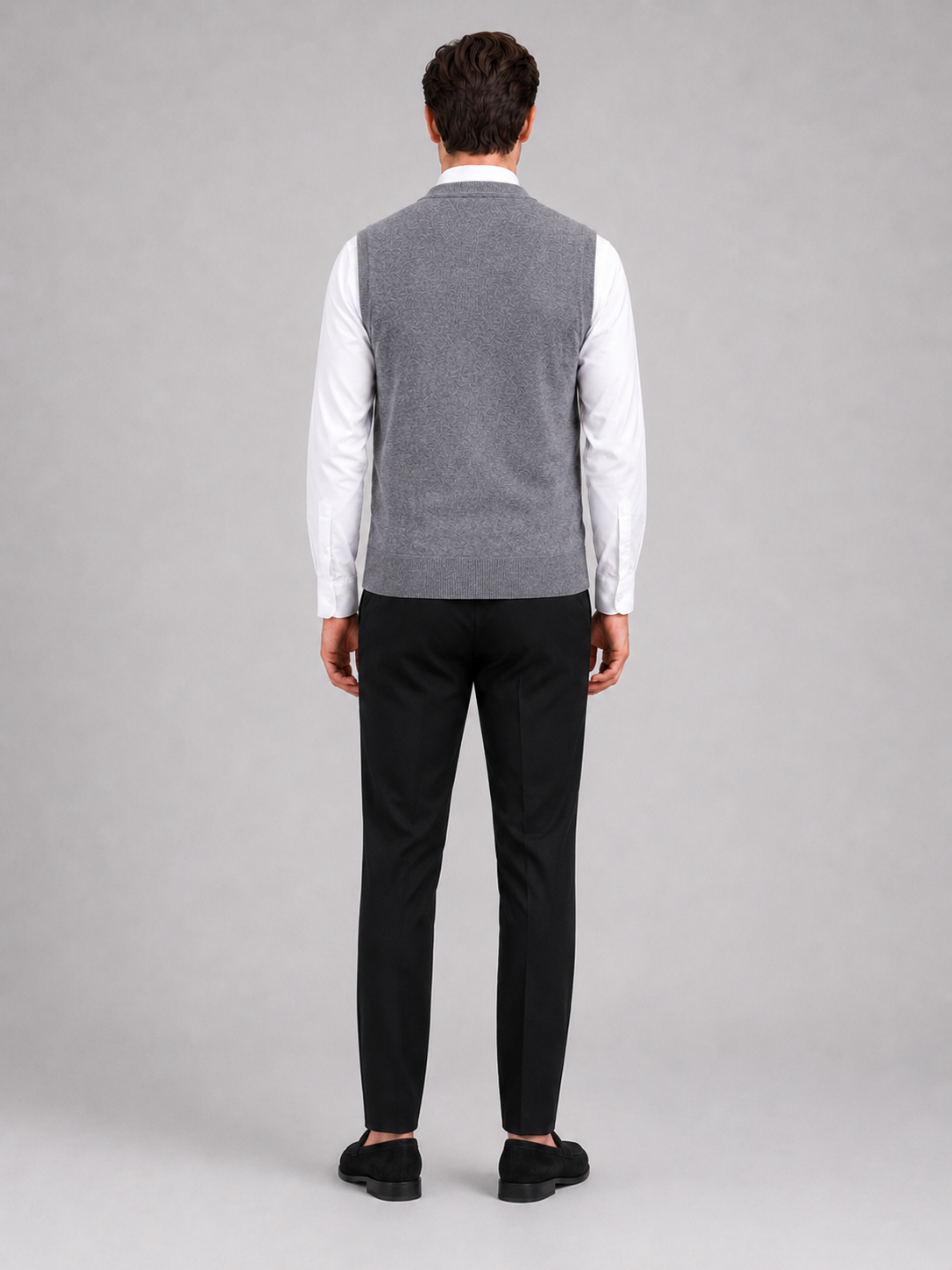 Men’s gray button front sweater vest comfortable sleeveless fleece knit layer for office and casual outfits