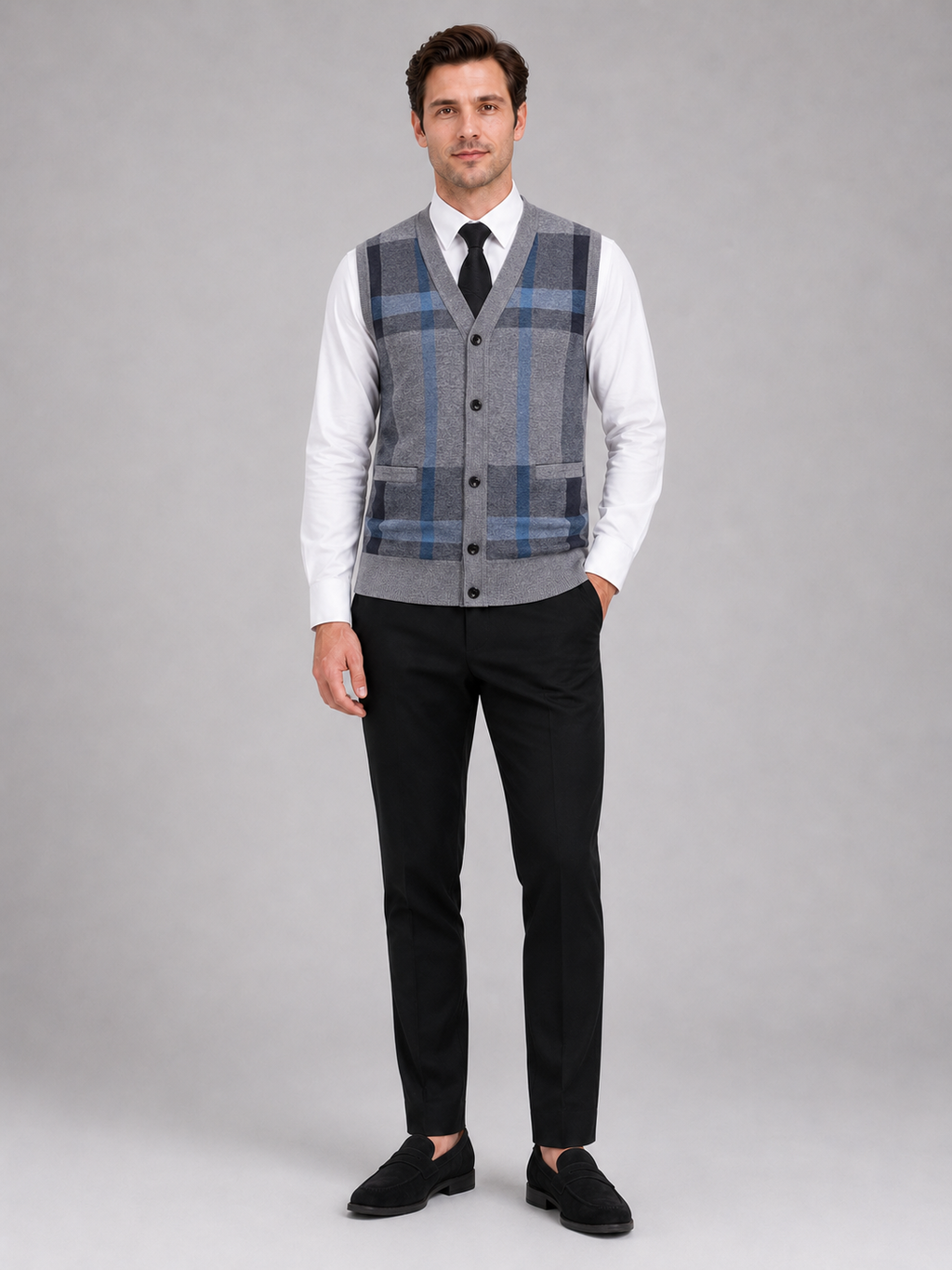 Gray fleece sweater vest for men warm v neck knit layer for business casual and everyday wear
