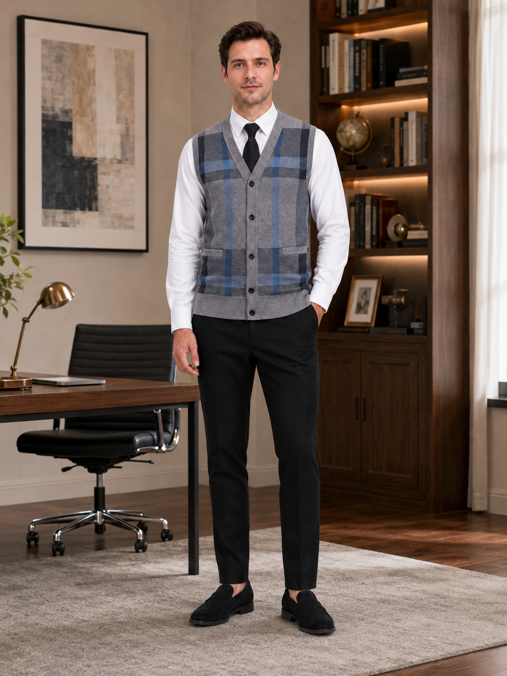 Man styling gray fleece sweater vest in a clean business casual and everyday lifestyle outfit