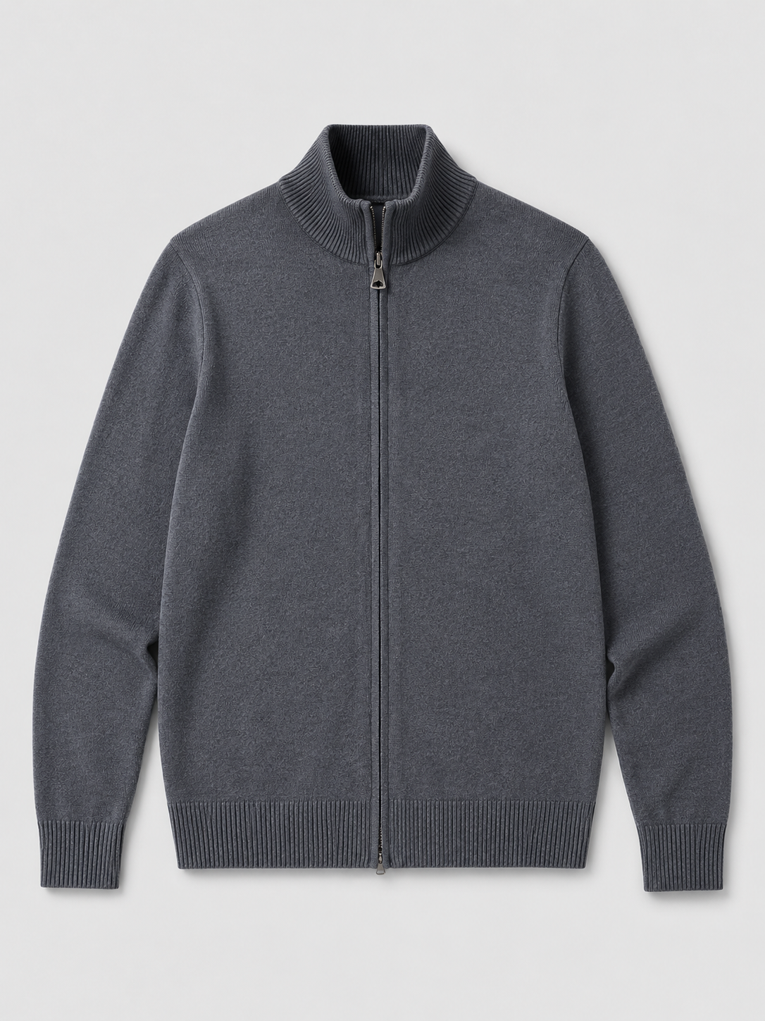 Gray men’s full zip knit cardigan sweater with a stand collar and slim fit displayed on a plain background
