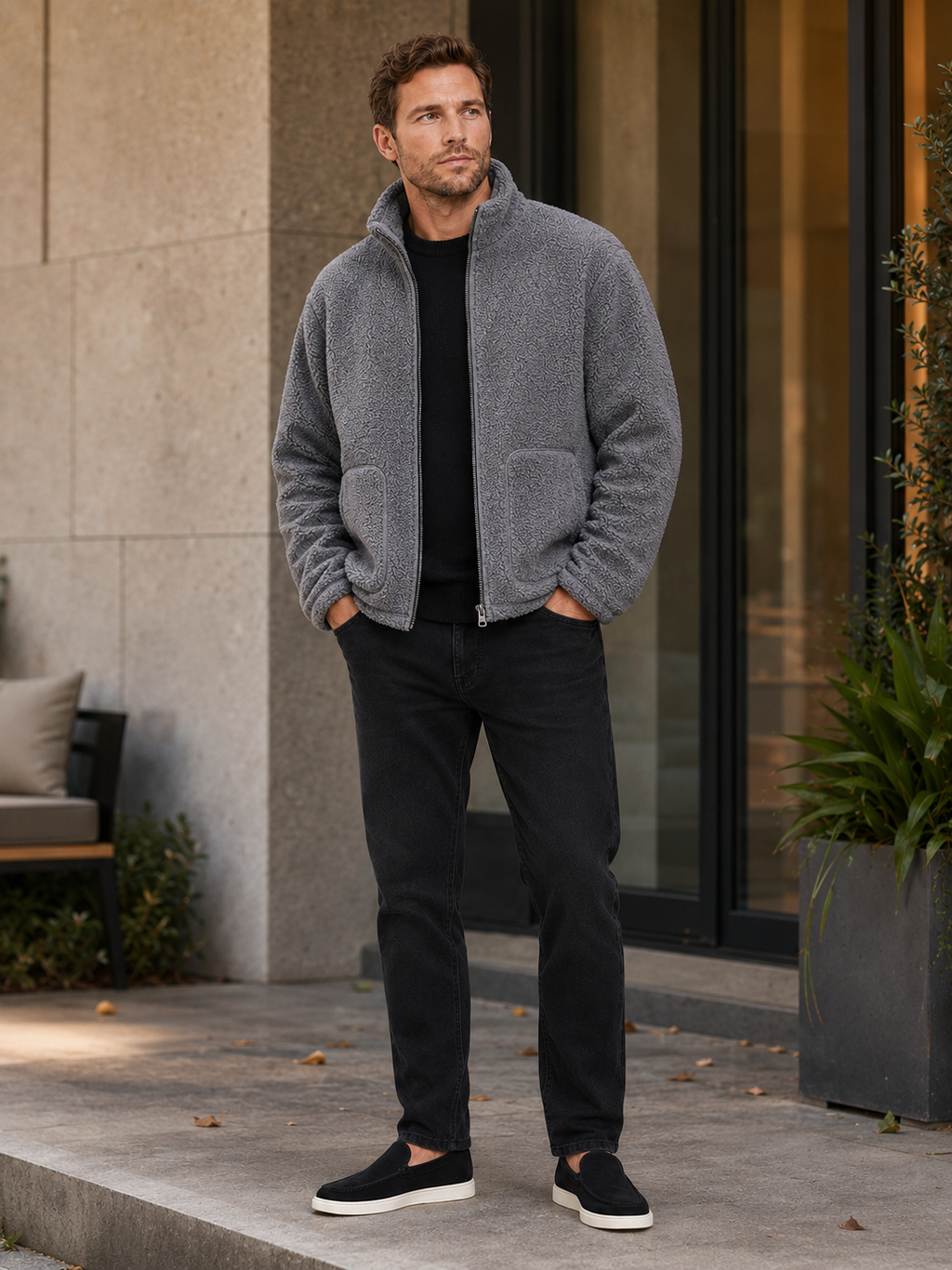 Man wearing a gray full zip fleece jacket in a casual fall winter outfit for outdoor and everyday wear