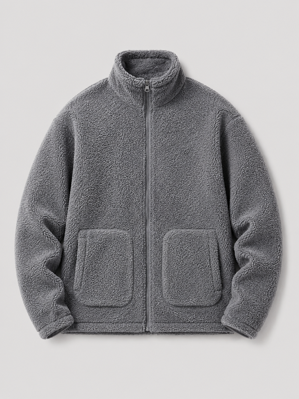 Gray men’s full zip fleece jacket with a stand collar and loose fit displayed on a plain background