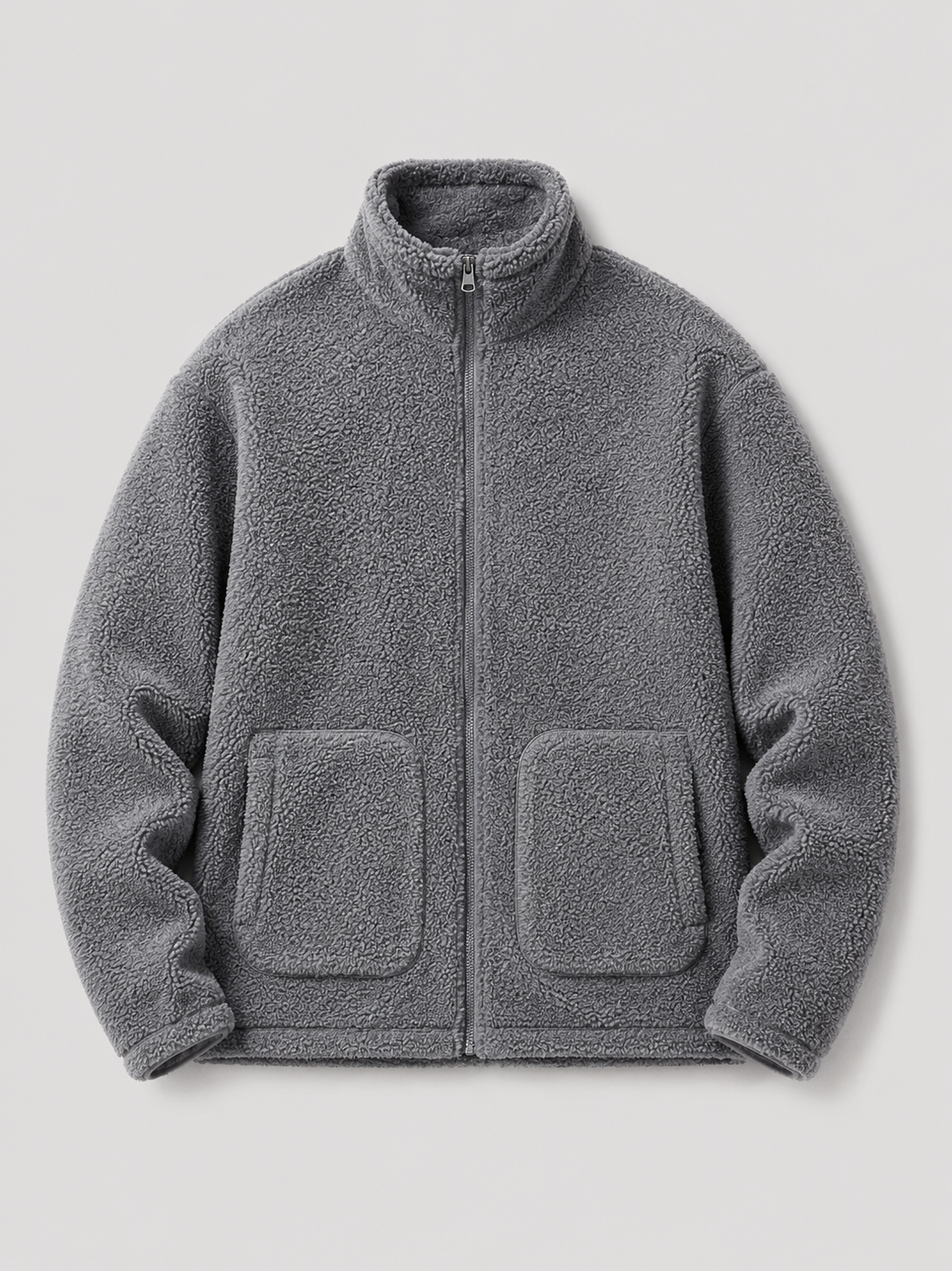 Gray men’s full zip fleece jacket with a stand collar and loose fit displayed on a plain background