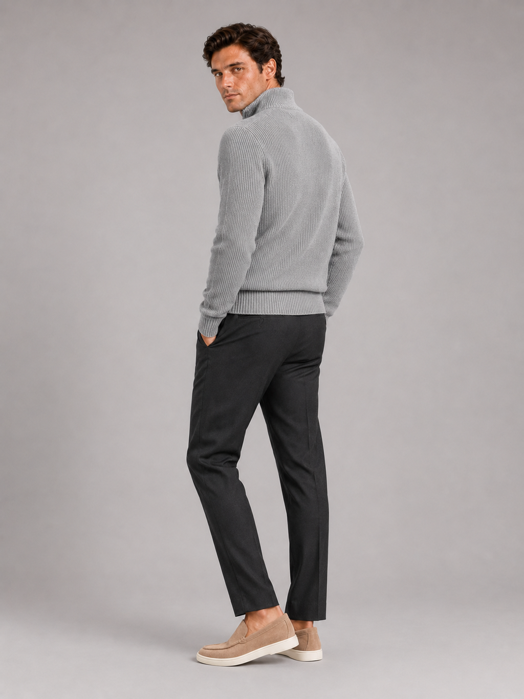 Men’s gray thick knit half zip pullover comfortable sweater for smart casual outfits