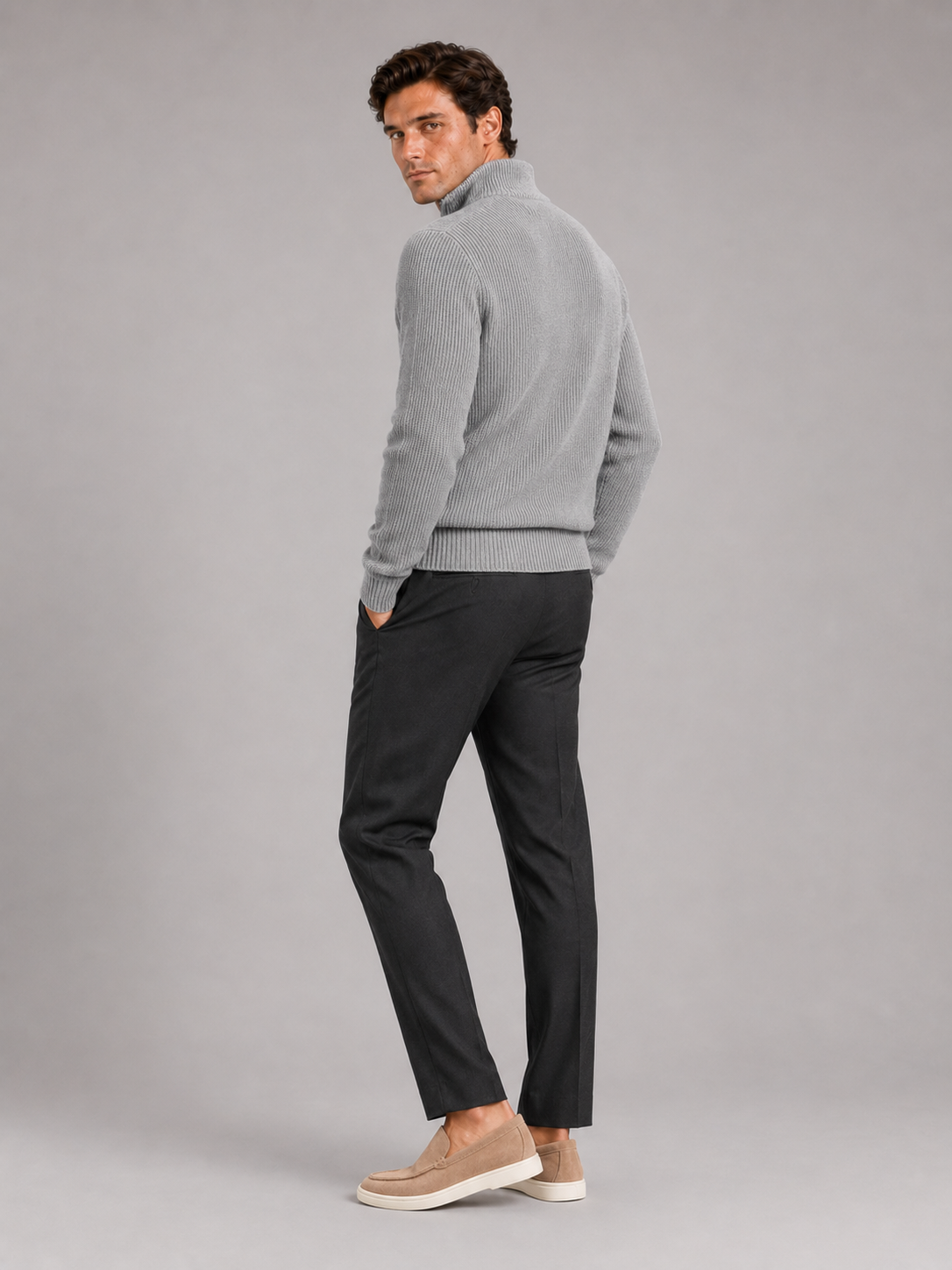 Men’s gray thick knit half zip pullover comfortable sweater for smart casual outfits