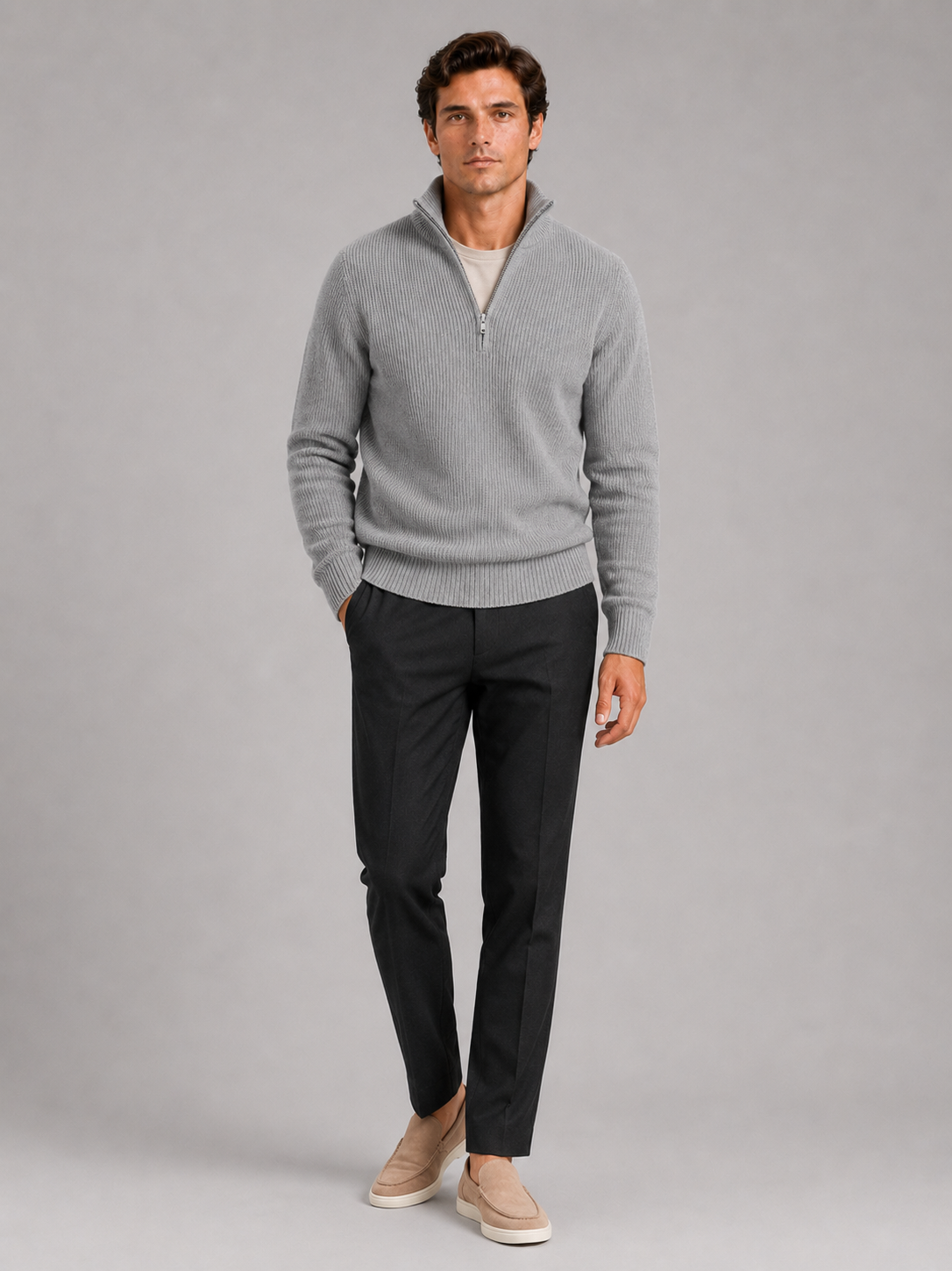 Gray half zip sweater for men warm thick knit pullover for winter everyday wear