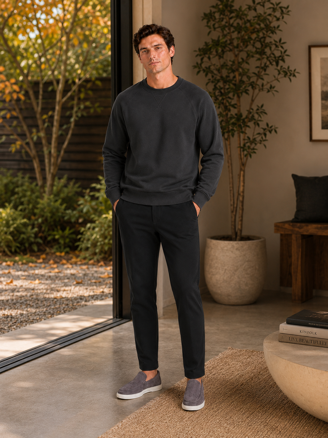 Man styling gray crewneck cotton sweater in a clean everyday and athletic lifestyle outfit