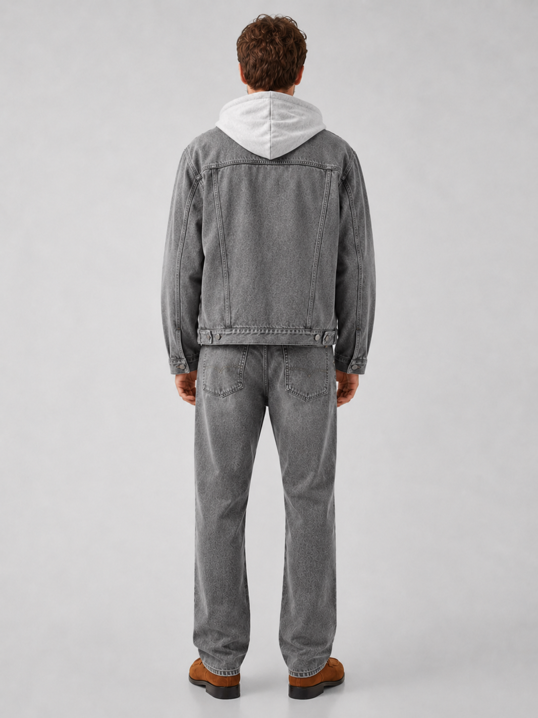 Men’s gray denim jacket with removable hood comfortable casual layer for streetwear outfits
