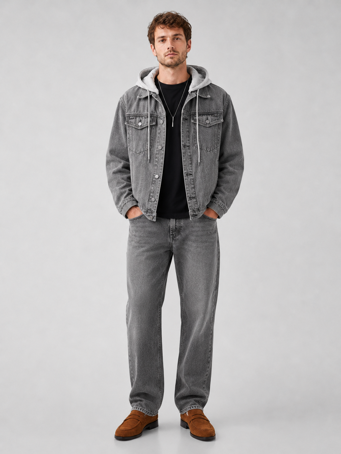 Gray hooded denim jacket for men loose fit fall winter outerwear for everyday wear