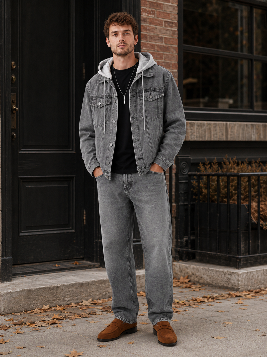 Man styling gray hooded denim jacket in a clean fall winter streetwear outfit