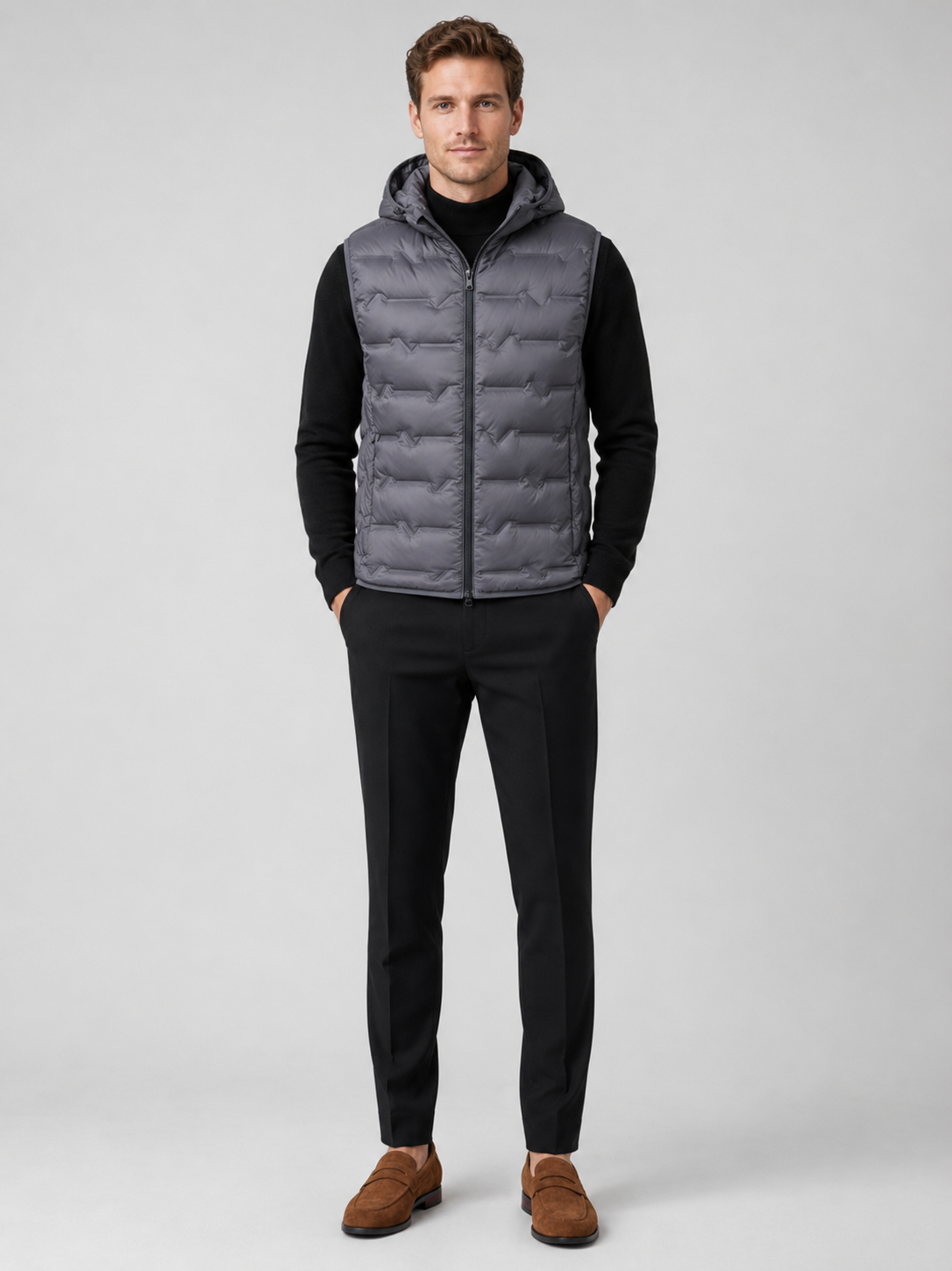 Gray hooded down vest for men ultralight windproof waterproof winter puffer vest for outdoor and everyday wear