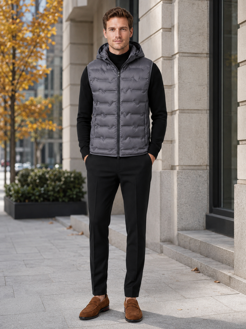 Man styling gray hooded down vest in a clean outdoor and everyday winter lifestyle outfit