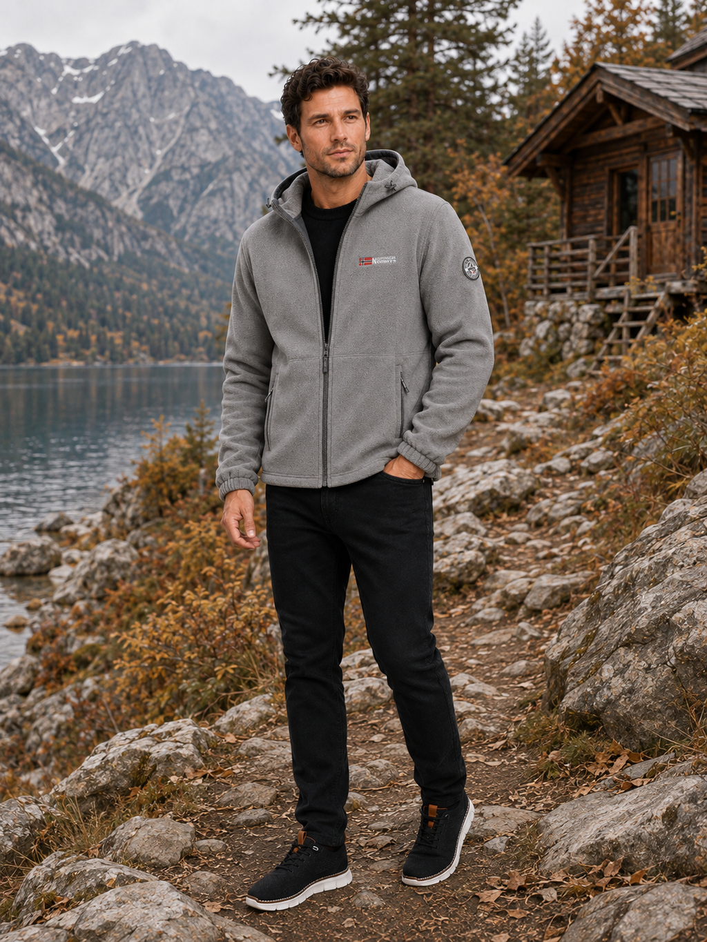 Man wearing a gray hooded windproof fleece jacket for hiking and outdoor activities in fall and winter