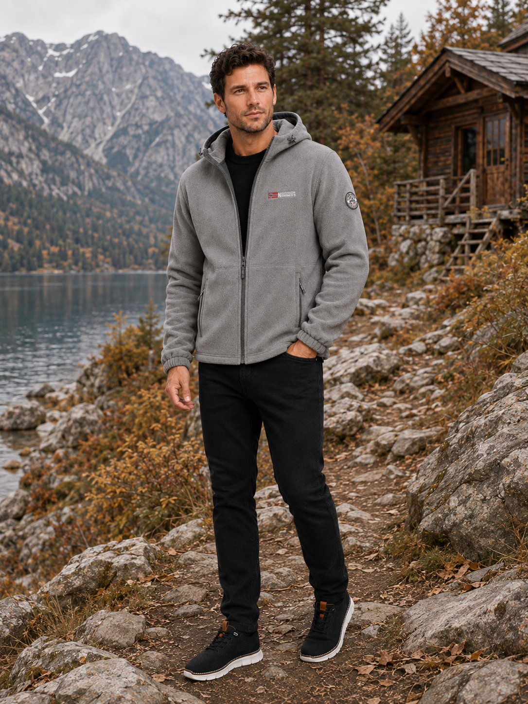 Man wearing a gray hooded windproof fleece jacket for hiking and outdoor activities in fall and winter