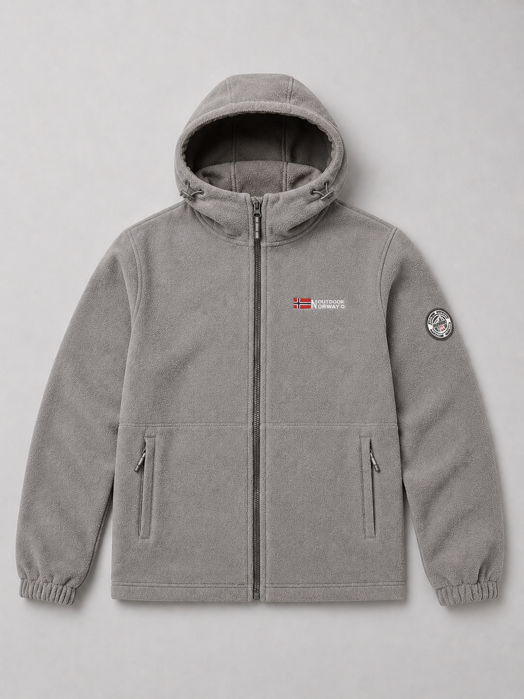 Gray men’s hooded windproof fleece jacket with thick warm construction displayed on a plain background