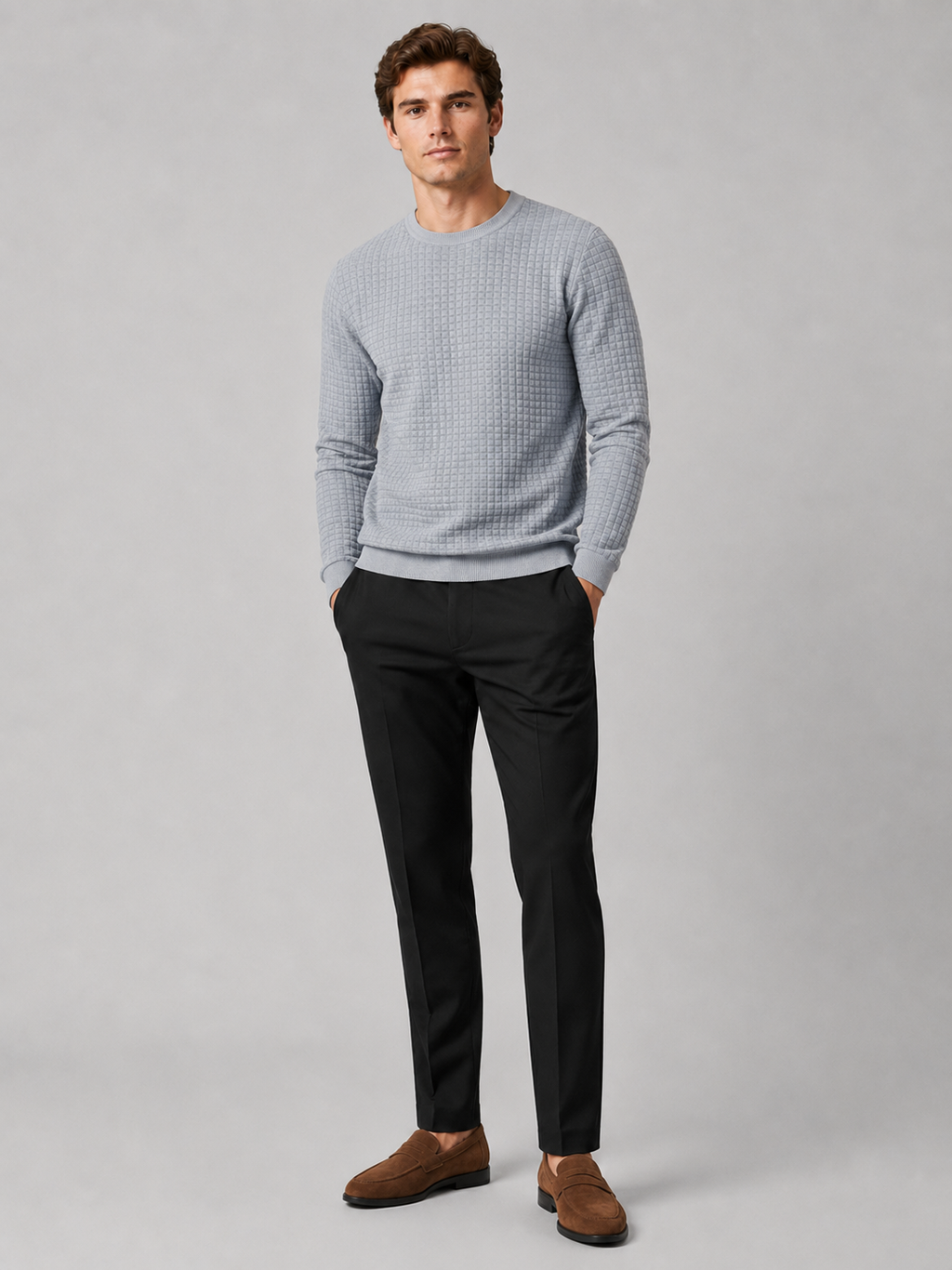 Gray jacquard crew neck sweater for men warm slim fit pullover for everyday wear