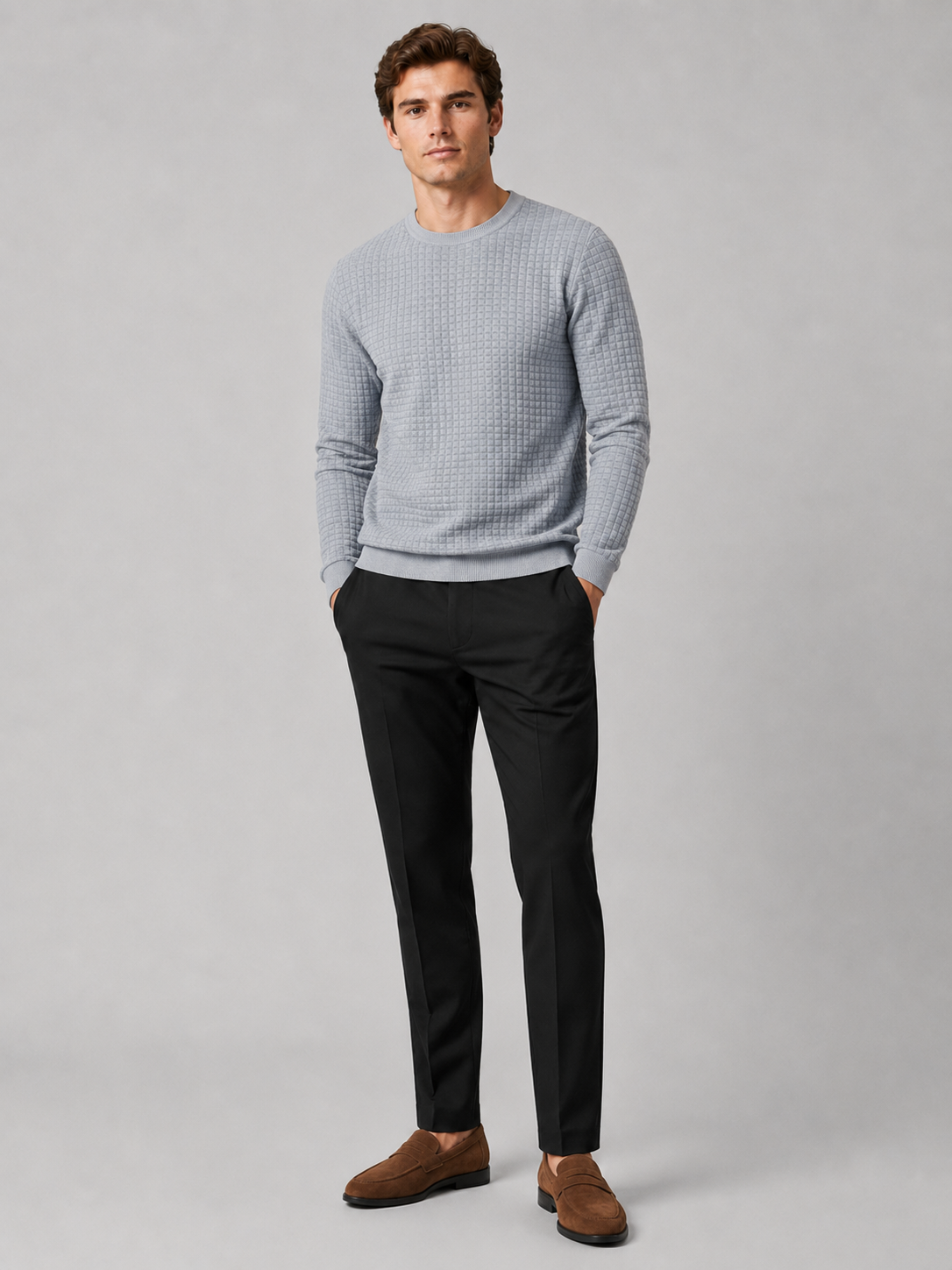 Gray jacquard crew neck sweater for men warm slim fit pullover for everyday wear