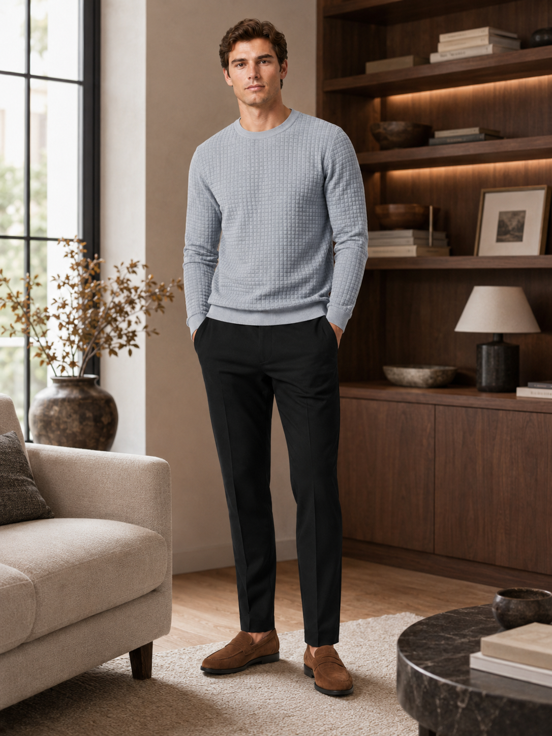 Man styling gray jacquard crew neck sweater in a clean fall winter lifestyle outfit