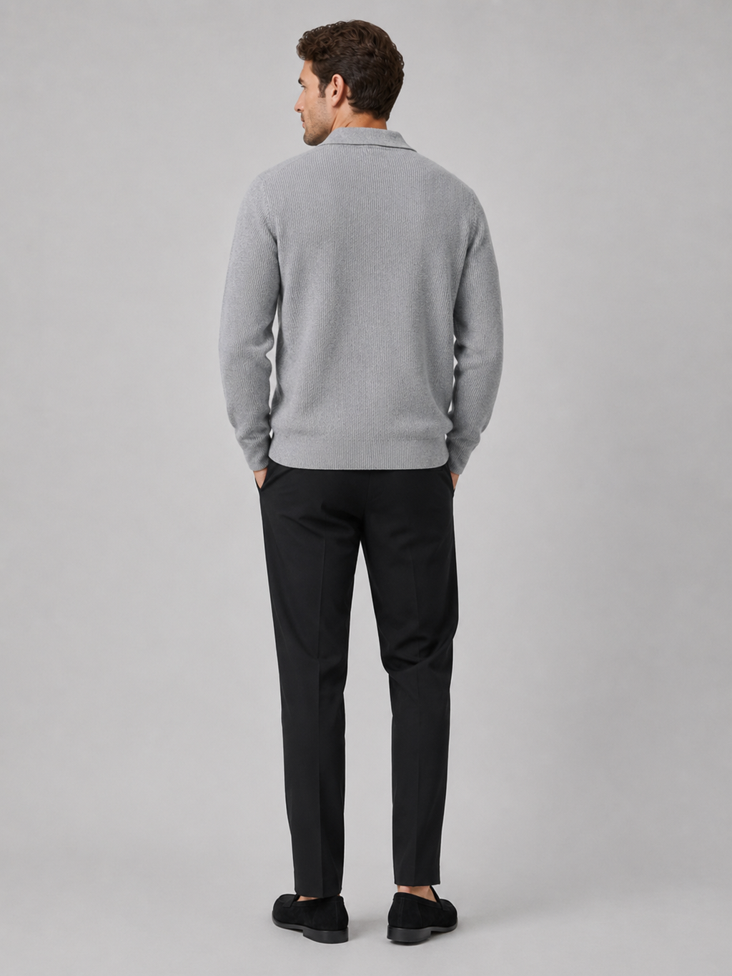 Back view of a man wearing a gray Johnny collar sweater showing the heavyweight knit and relaxed fit
