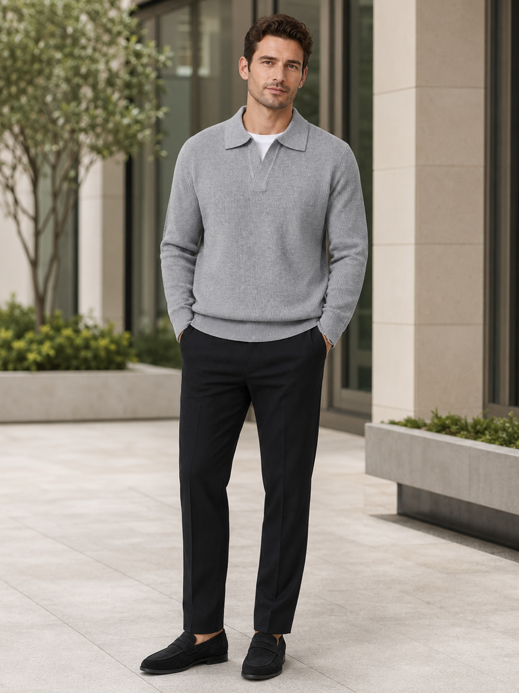 Man wearing a gray heavyweight Johnny collar sweater in a business casual spring or fall outfit