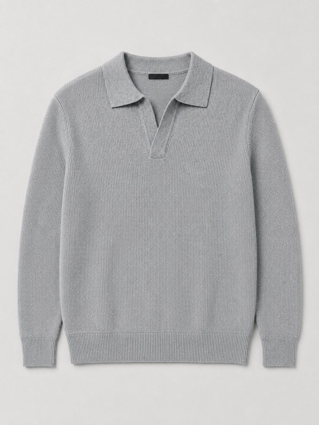Gray men’s heavyweight knit Johnny collar polo sweater displayed on a plain background