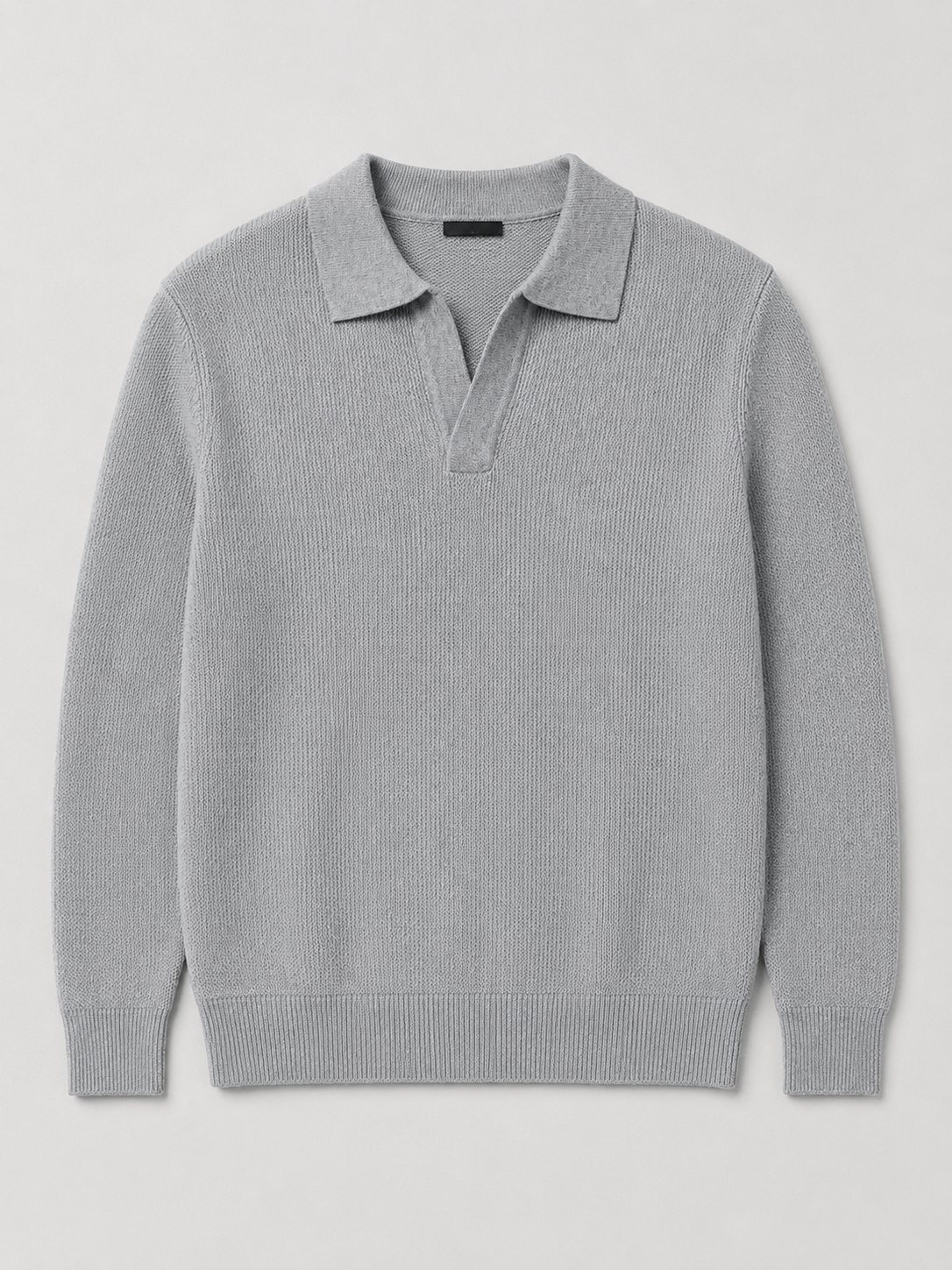 Gray men’s heavyweight knit Johnny collar polo sweater displayed on a plain background
