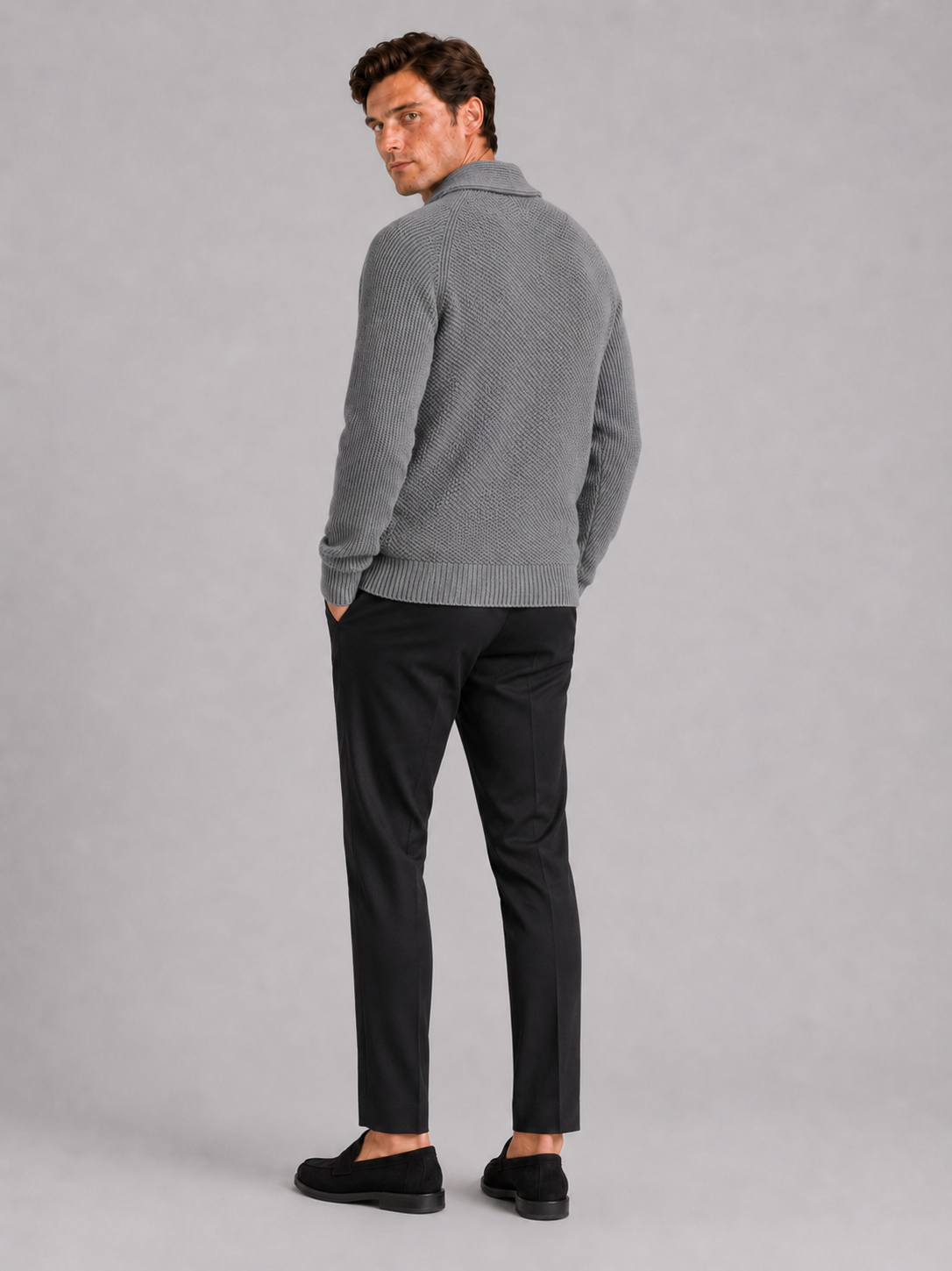 Men’s gray cardigan sweater with front pockets comfortable knit layer for casual outfits