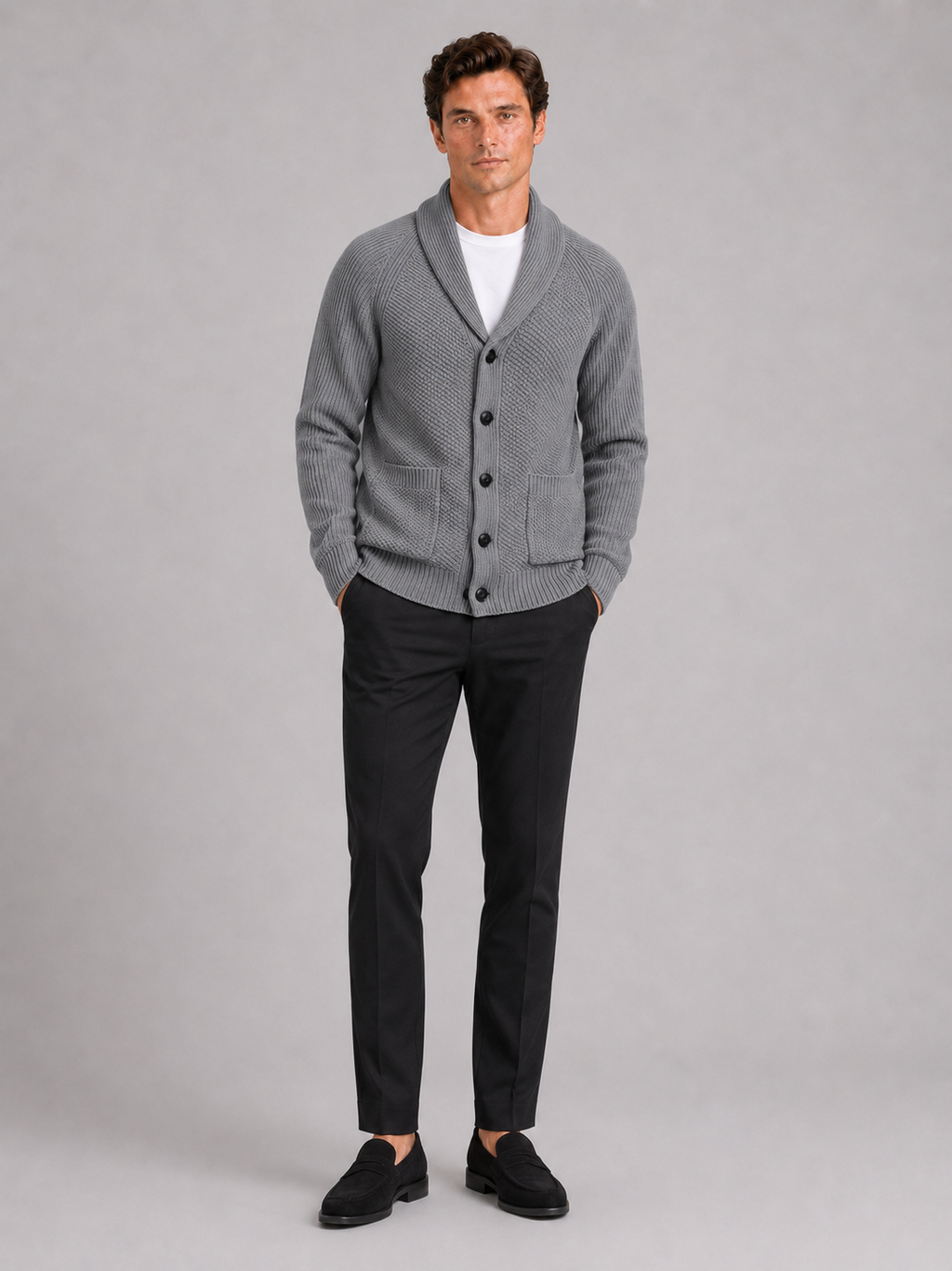 Gray knit cardigan sweater for men long sleeve layer for everyday fall winter wear