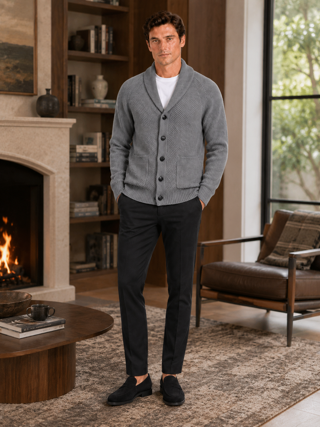 Man styling gray knit cardigan sweater in a clean fall winter lifestyle outfit