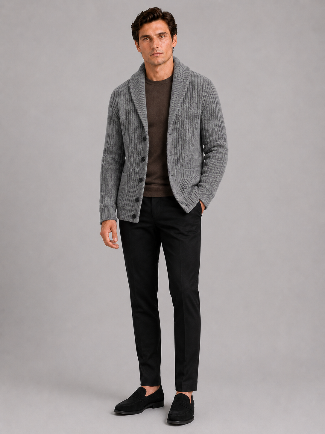 Gray slim fit cardigan sweater for men warm button up layer for business casual wear