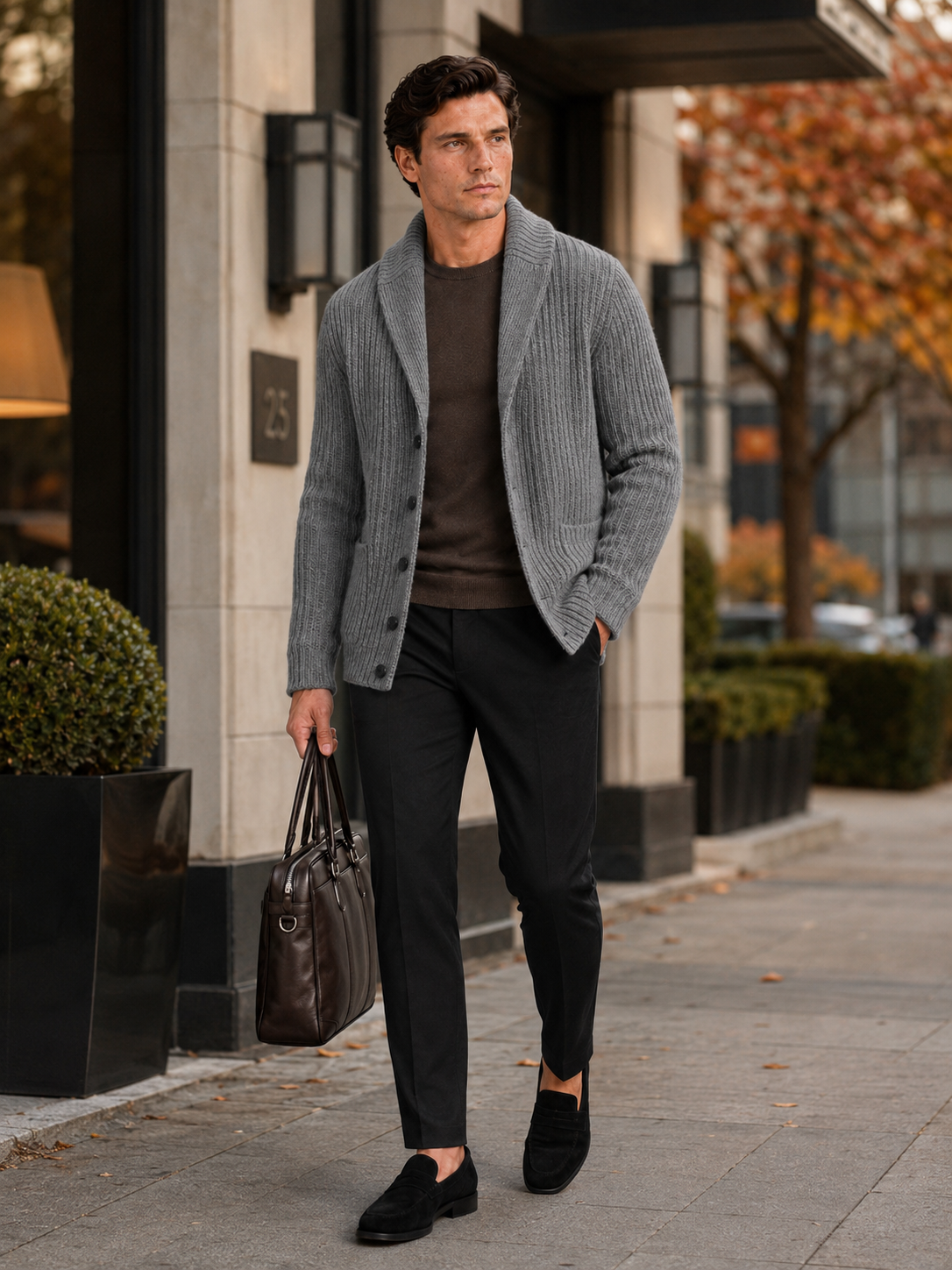 Man styling gray lapel cardigan sweater in a clean business casual lifestyle outfit