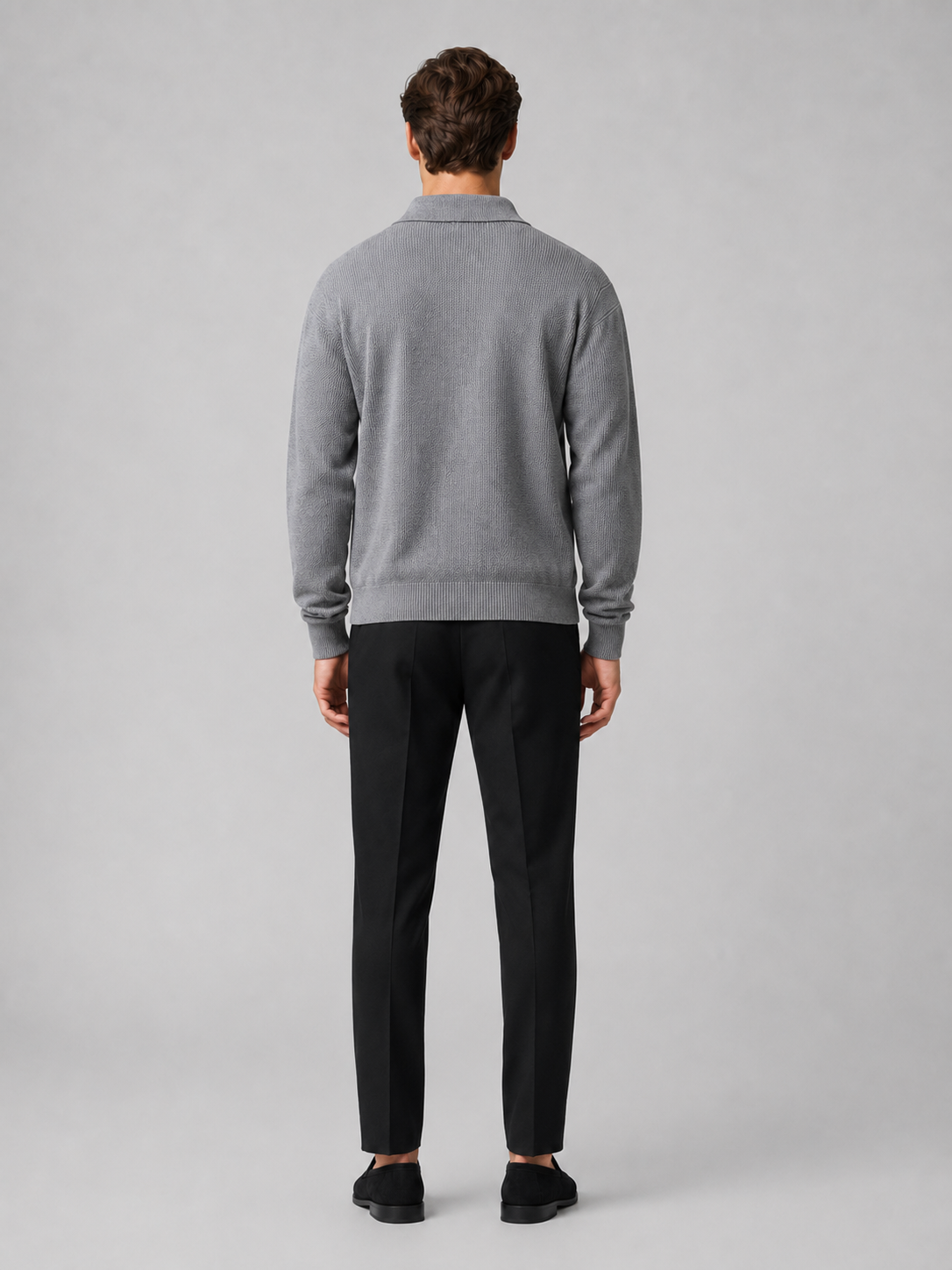 Men’s gray v neck polo sweater comfortable knit top for business casual and casual outfits