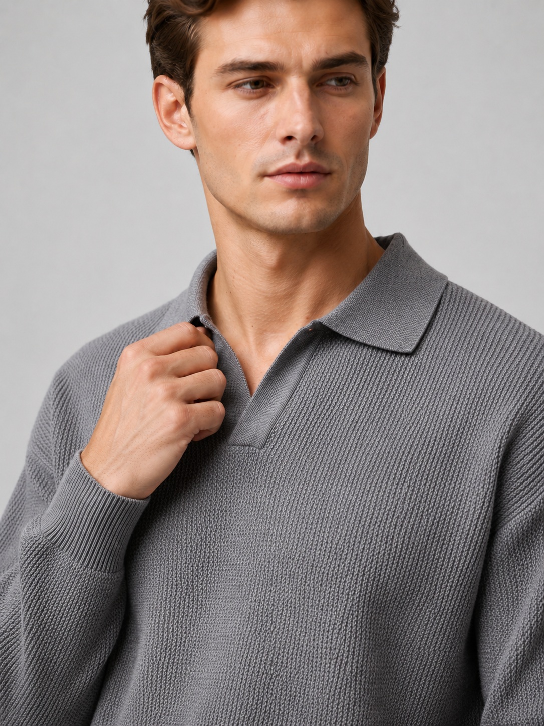 Close up of gray knit polo sweater showing soft textured fabric and refined v neck collar detail