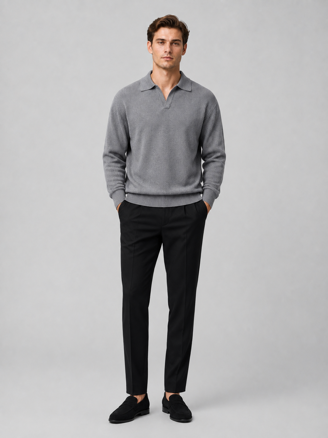 Gray long sleeve knit polo shirt for men lightweight fall sweater for everyday wear