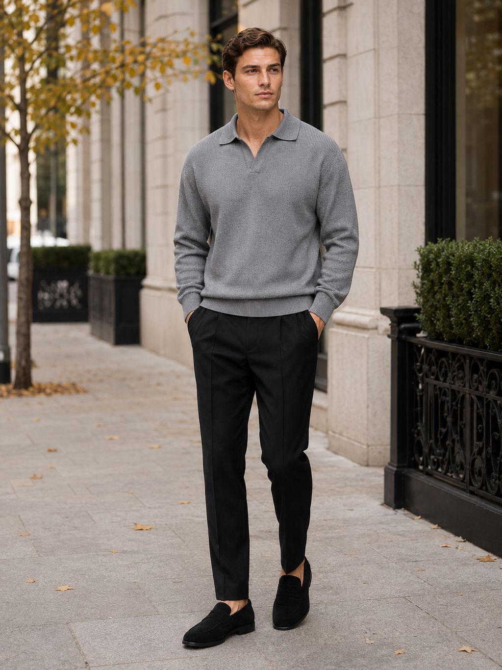 Man styling gray knit polo sweater in a clean business casual and everyday lifestyle outfit