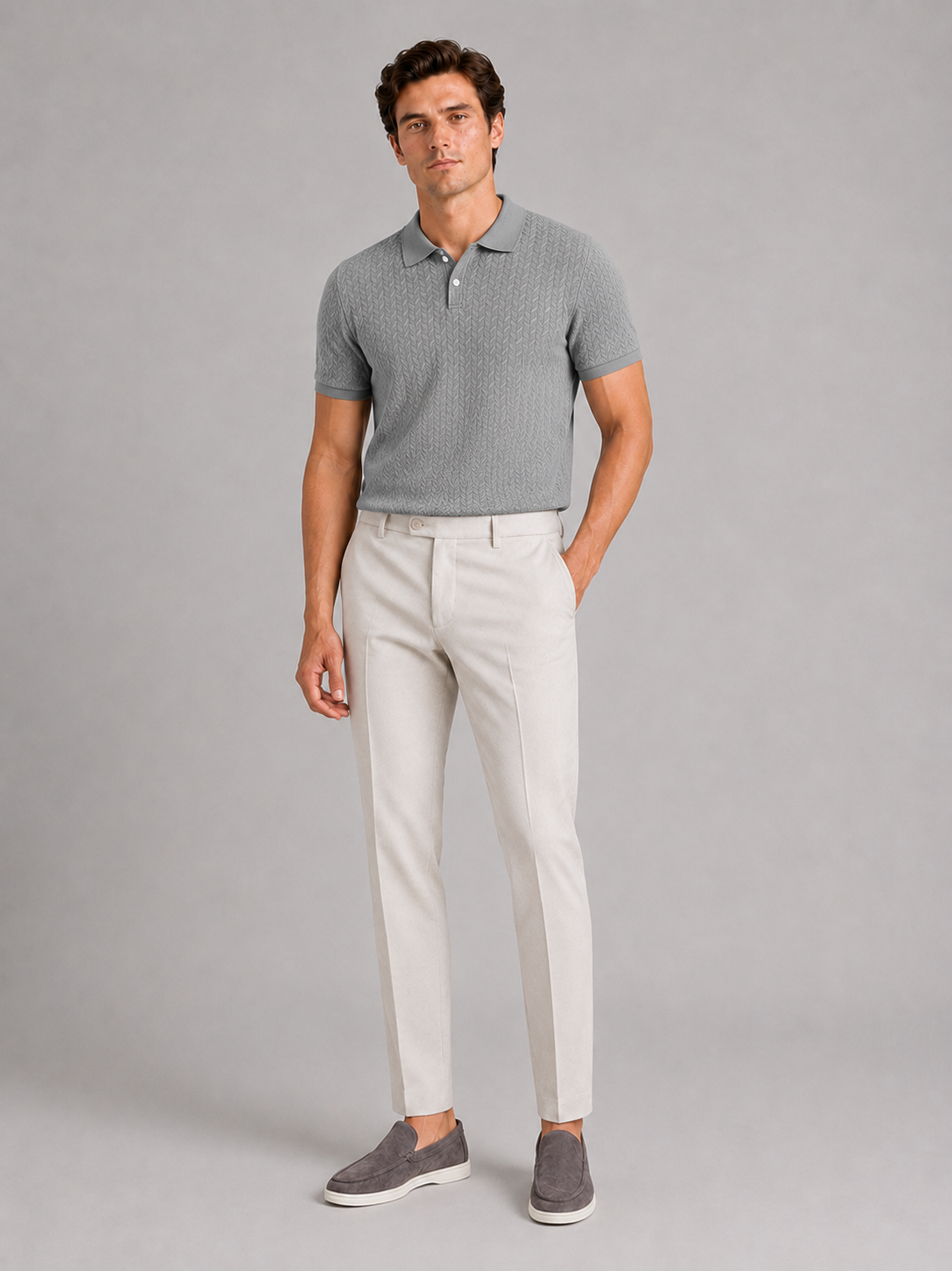 Gray knit polo shirt for men lightweight summer top for vacation and everyday wear