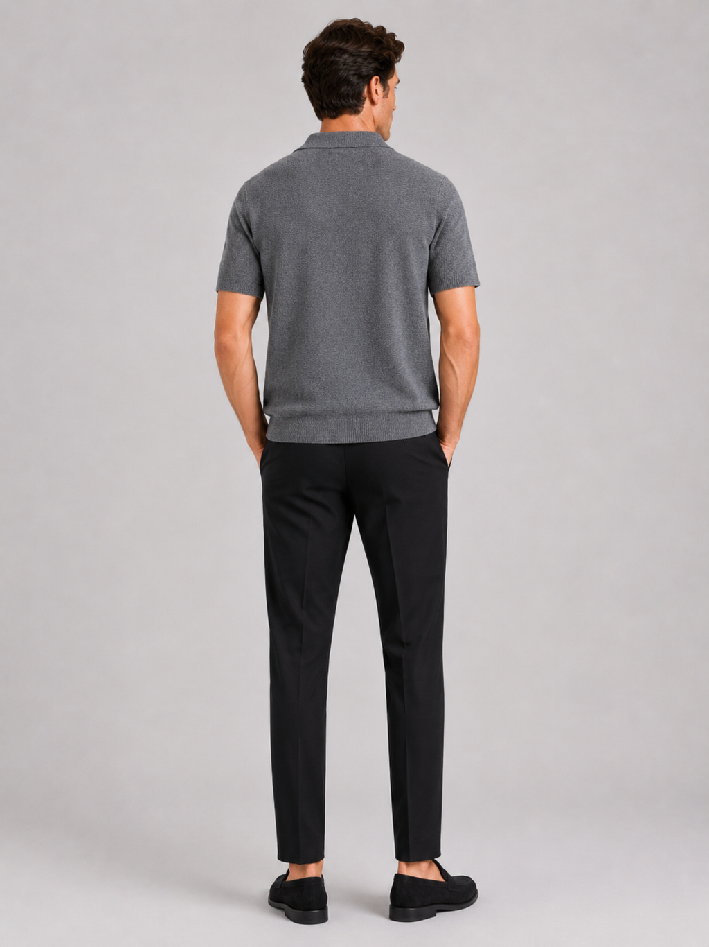 Men’s gray solid color knit polo shirt comfortable summer top for business casual outfits
