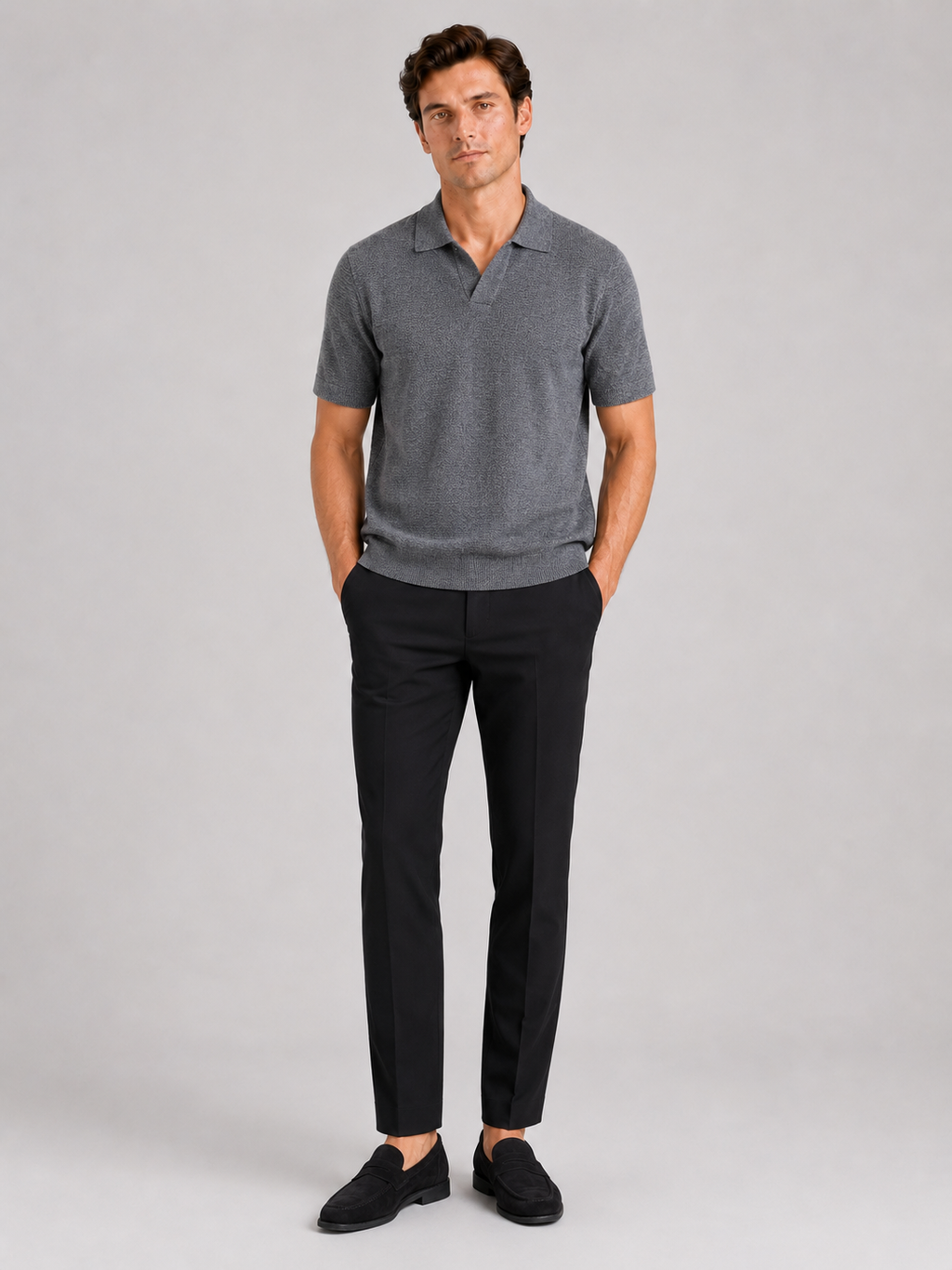 Gray knit polo t shirt for men lightweight short sleeve top for vacation and everyday wear